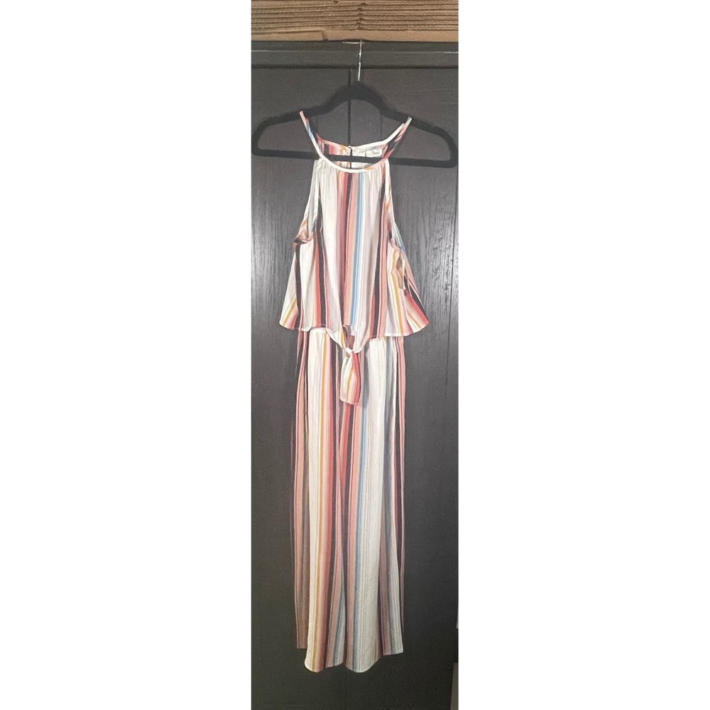 Speechless Women Multi Color Striped Halter Neck Popover Wide Leg Jumpsuit Small